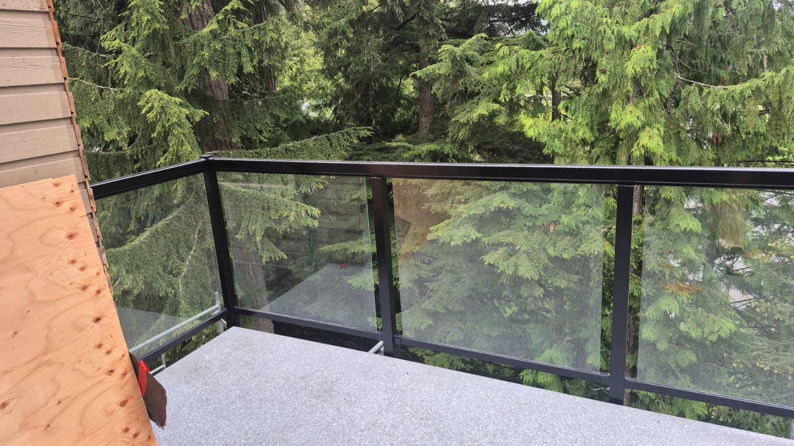 Black-framed glass deck railing facing the forest in Whistler