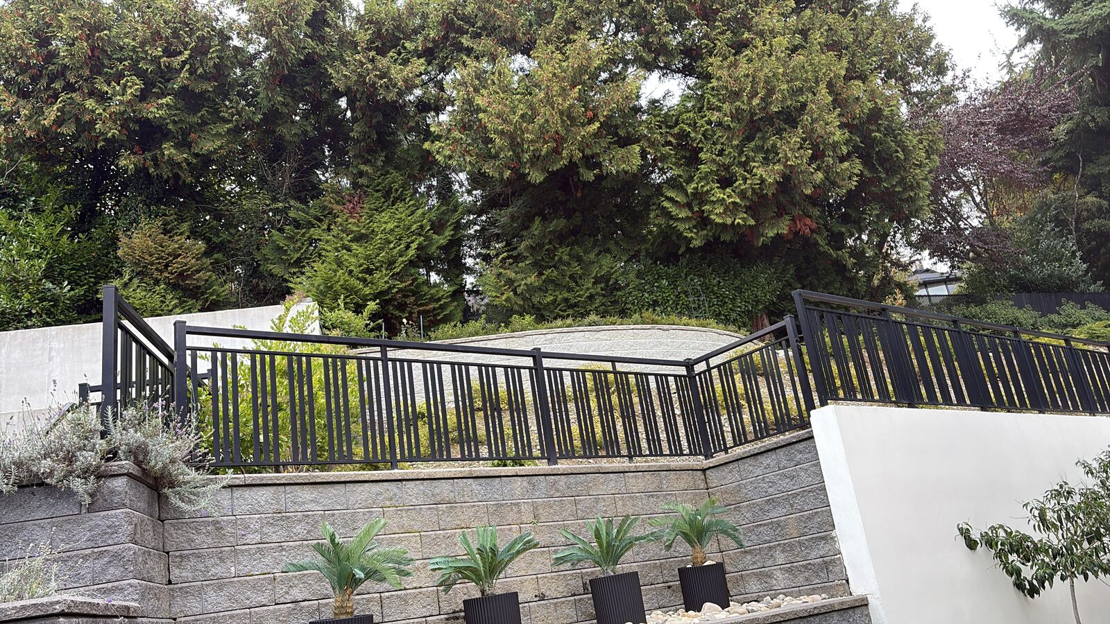 Black aluminum railing along the top of a terraced retaining wall in Surrey